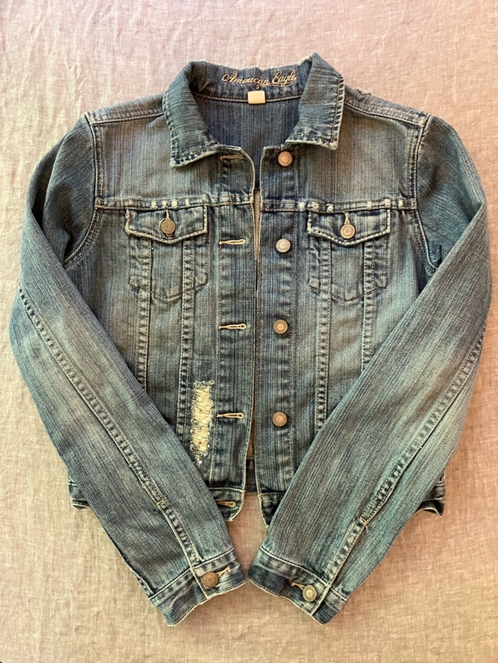 Vintage Y2K American Eagle Cropped Distressed Denim Jacket, size Small